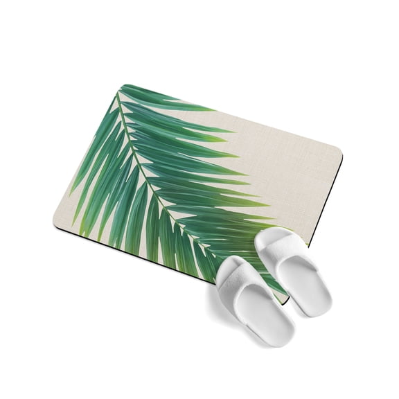 Green Palm Leaf Soft Diatomaceous Earth Mat, Summer Coastal Green Leaf Linen Texture Absorbent Bath Mat Non Slip Rubber Backed Quick Dry Doormat Fit Under Door for Bathroom Kitchen 24"x36"
