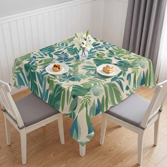 Green Palm Leaf Table Cloth Waterproof Tablecloths, Tropical Plants Retro Pastoral Summer Tablecloth Dining Table Cover for Kitchen Party Tabletop Outdoor, Square Tablecloth 60x60 Inch