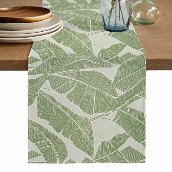 Green Palm Leaf Table Runner, Tropical Botanical Summer Washable Cotton Linen Table Runners 36 Inches Long, Dresser Scarf Runner for Nightstand/End Tables/Round Tables 13''x36''