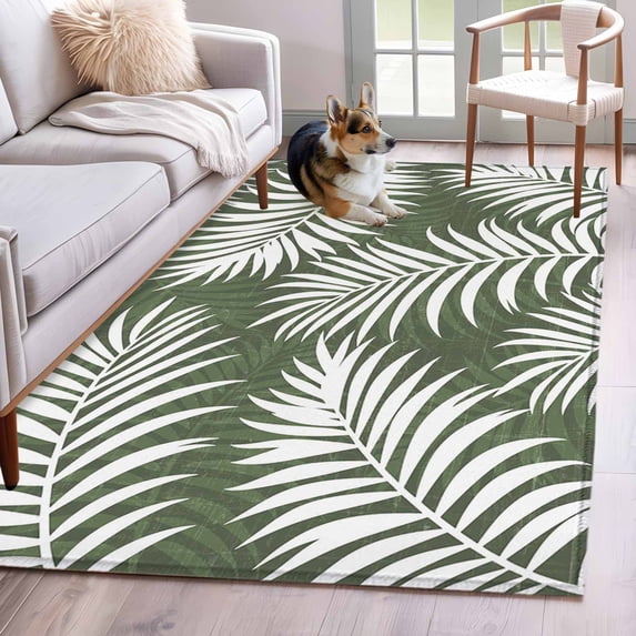 Green Palm Leaf Washable Area Rug 4 x 6 ft Country Coastal Tropical Boho Beach Tree Leaves , Soft Non Slip Rugs Stain Repellent Indoor Felt Carpet for Living Dining Room Bedroom Home Office