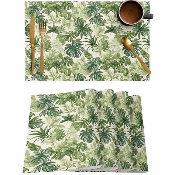 Green Palm Leaf Watercolor Placemats Set of 4,Wipeable Washable Table Mats for Dining Tables,Summer Tropical Leaves Place Mats for Kitchen Event Party Tabletop Decor