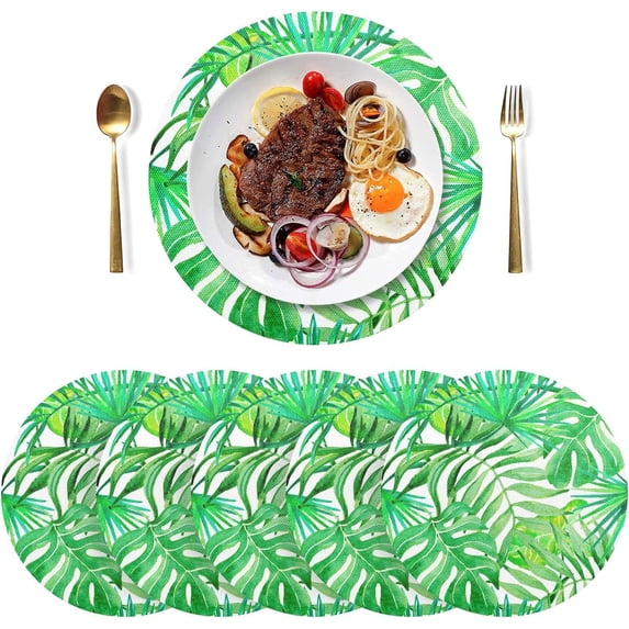 Green Palm Leaf on White Round Place Mats Set of 6, Heat Stain Insulation Table Mats Non-Slip Grid Woven Placemats 15.4 Inch for Kitchen Dining Table Holiday