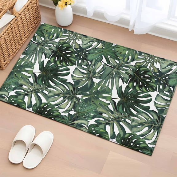 Green Palm Leaves Bathroom Mats 2x3 FT, Non Slip Small Kitchen Mat, Summer Tropical Leaf Vintage Washable Soft Backed Front Door Throw Rugs Non-Shedding Indoor Outdoor Doormat for Entryway Sink
