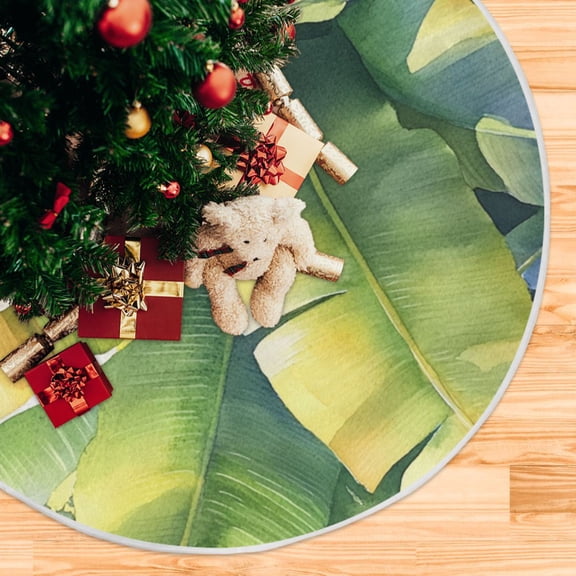 Green Palm Leaves Christmas Tree Skirt Stand Mat Waterproof Floor Protection Mat for Holiday Decoration