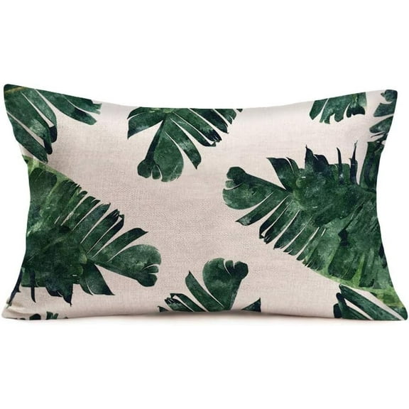 Green Palm Leaves Decorative Throw Pillow Cover Summer Tropical Banana Leaf Lumbar Pillow Cases Home Chair Bedroom Decor Oblong 12x20 Inches Cotton Linen Waist Cushion Covers