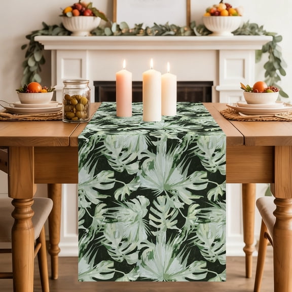Green Palm Leaves Dining Table Runner, Monstera Leaf Tropical Botanical Washable Table Runners Kitchen Coffee Table Center Decor for Home Party Holiday Wedding 13 x 48 Inches