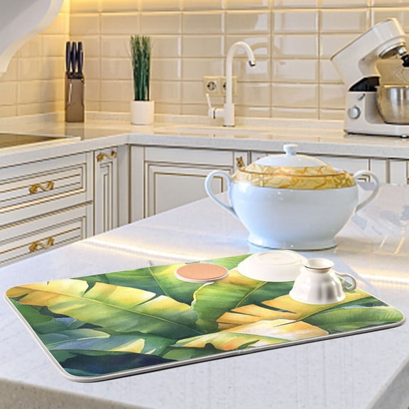 Green Palm Leaves Dish Drying Mats for Kitchen Counter Absorbent Microfiber Coffee Pad