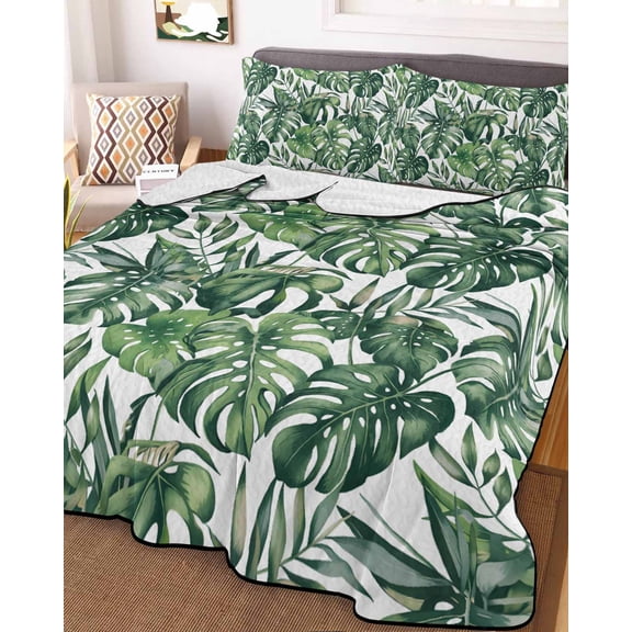 Green Palm Leaves King Size Down Alternative Comforter, Lightweight Comforter Quilt Bedding Set with Pillow Shams Summer Tropical Leaf All Seasons Bed Comforter Duvet Insert 96"x106"