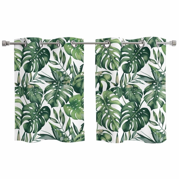 Green Palm Leaves Kitchen Curtains Small Short 39 Inch Length, Summer Tropical Leaf Grommet Top Bedroom Living Room Curtains, Light Filtering Cafe Curtain Drapes 2 Panels Set 55''x39''