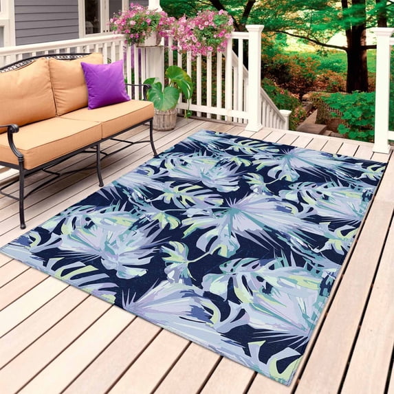 Green Palm Leaves Outdoor Rug for Patio/Deck/Porch, Non-Slip Large Area Rug 5 x 7 Ft, Watercolor Botanical Coastal Indoor Outdoor Rugs Washable Area Rugs, Reversible Camping Rug Carpet Runner