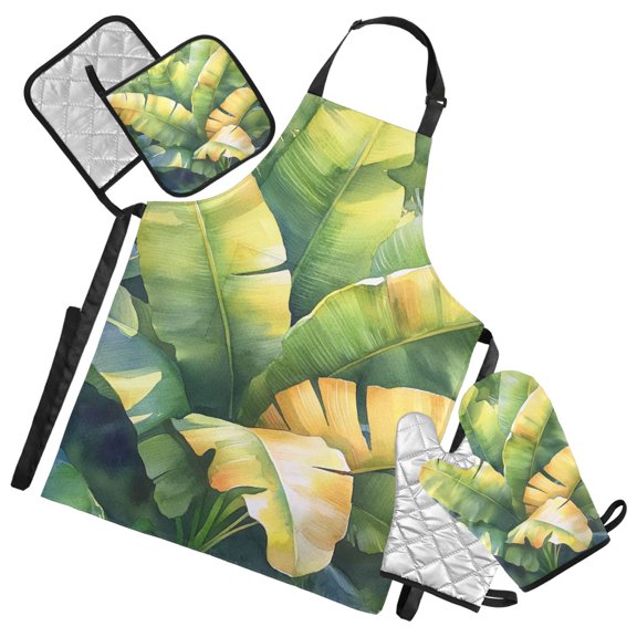 Green Palm Leaves Oven Mitts and Pot Holders with Chef Apron Set 5 Pcs Kitchen Cooking Set