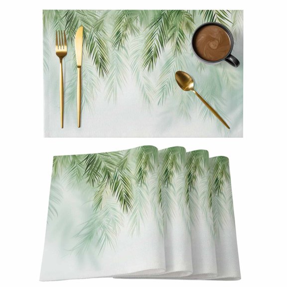 Green Palm Leaves Placemats Set of 2, Cotton Linen Fabric Place Mats, Summer Botanical Tropical Washable Decorative Table Mats Protector for Home Kitchen Dining Wedding Party Coffee Tables