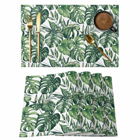 Green Palm Leaves Placemats Set of 2, Cotton Linen Fabric Place Mats, Summer Tropical Leaf Washable Decorative Table Mats Protector for Home Kitchen Dining Wedding Party Coffee Tables