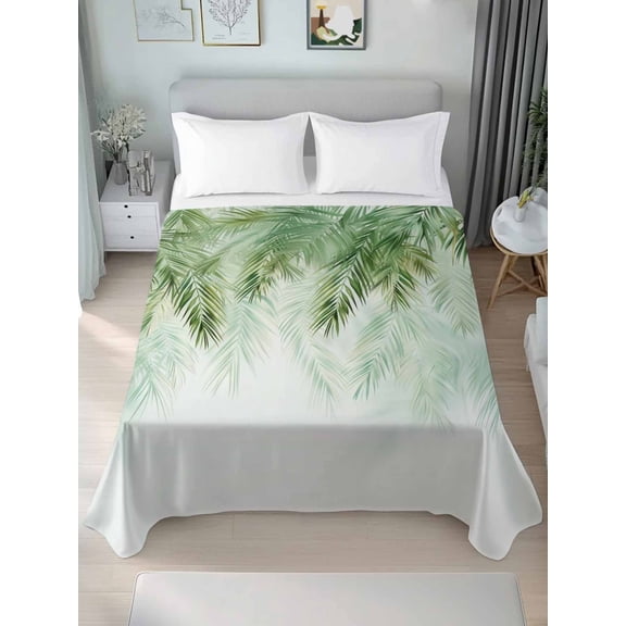 Green Palm Leaves Queen Size Flat Sheet, Wrinkleproof & Fadeproof Cooling Flat Bed Sheet Only, Summer Botanical Tropical Breathable Soft Bedding Top Sheets 90 x 102 Inches