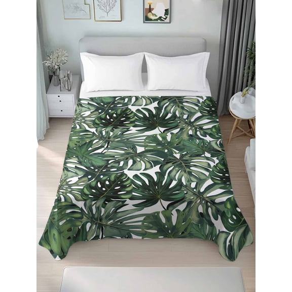 Green Palm Leaves Queen Size Flat Sheet, Wrinkleproof & Fadeproof Cooling Flat Bed Sheet Only, Summer Tropical Leaf Vintage Breathable Soft Bedding Top Sheets 90 x 102 Inches