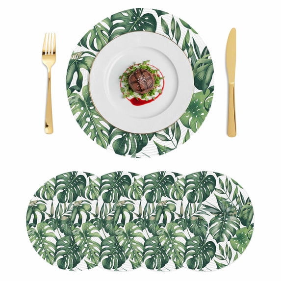 Green Palm Leaves Round 13 Inch Placemats Set of 4, Summer Tropical Leaf HeatResistant Non Slip Place Mats for Dining Table, Wipeable Braided Kitchen Table Mats for Housewarming