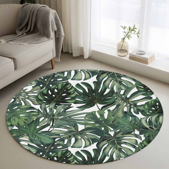 Green Palm Leaves Round Area Rug 3.3 FT, Non Slip Small Entryway Kitchen Mat, Summer Tropical Leaf Vintage Washable Soft Circular Rug Non-Shedding Door Mat for Bathroom Playroom Kids Room