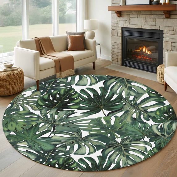 Green Palm Leaves Round Area Rug 7 FT, Non Slip Living Room Area Carpet, Summer Tropical Leaf Vintage Washable Soft Circular Rug Non-Shedding Floor Carpet for Bedside Office Play Room Classroom