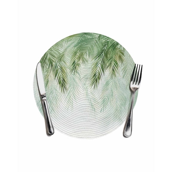 Green Palm Leaves Round Placemats for Dinning Tables, Heat-proof Braided Table Mats 13 Inch, Summer Botanical Tropical Washable Place Mat for Kitchen Restaurant Party Decor Supplies Table Setting