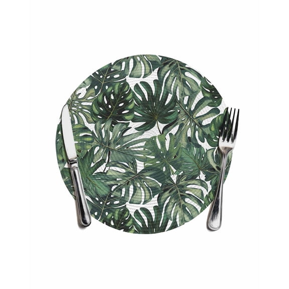 Green Palm Leaves Round Placemats for Dinning Tables, Heat-proof Braided Table Mats 13 Inch, Summer Tropical Leaf Vintage Washable Place Mat for Kitchen Restaurant Party Decor Supplies Table Setting