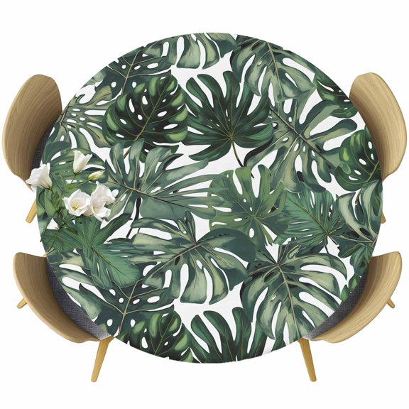 Green Palm Leaves Round Tablecloth 36-44 Inch Round Fitted Table Cloth with Elastic Edge, Summer Tropical Leaf Vintage Waterproof Table Cover Protector for Outdoor Picnic Party Dining
