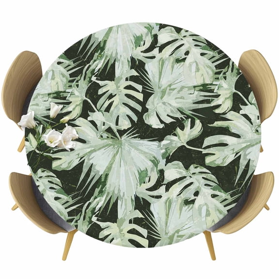 Green Palm Leaves Round Tablecloth 36-44 Inch Round Fitted Table Cloth with Elastic Edge, Tropical Black Botanical Coastal Waterproof Table Cover Protector for Outdoor Picnic Party Dining