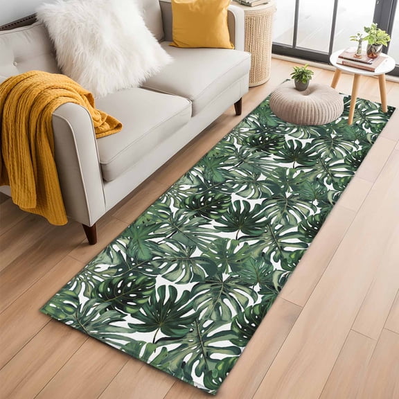 Green Palm Leaves Runner Rug 2x6 FT, Non Slip Hallway Rugs, Summer Tropical Leaf Vintage Washable Soft Floor Carpet Non-Shedding Throw Runner Carpet Long Rug for Entryway Kitchen Bedside Sliding Door