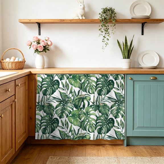 Green Palm Leaves Small Sink Skirt 10"Wx11"L, Dustproof Under Sink Curtain with Self Adhesive Tape, Summer Tropical Leaf Cabinet Curtain Cover for Bathroom Vanity, Kitchen Storage Shelf, RV