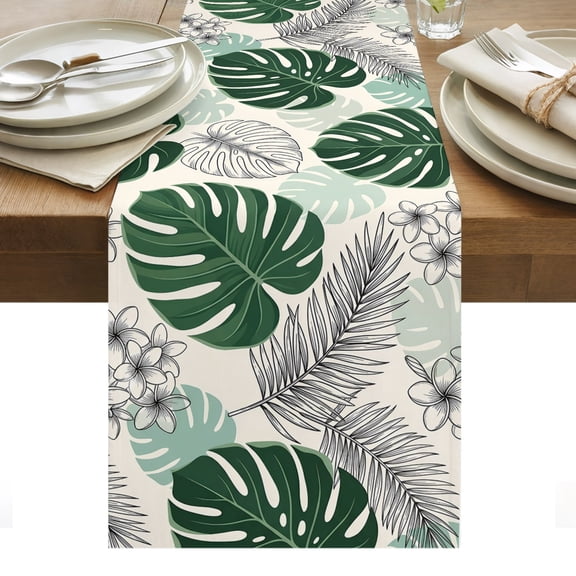 Green Palm Leaves Table Runner Summer Botanical Tropical Leaf Tablerunners 13 x 60 Inch, Table Decorations Tabletop Scarf for Summer Gathering Holiday Farmhouse Kitchen Dining Decor