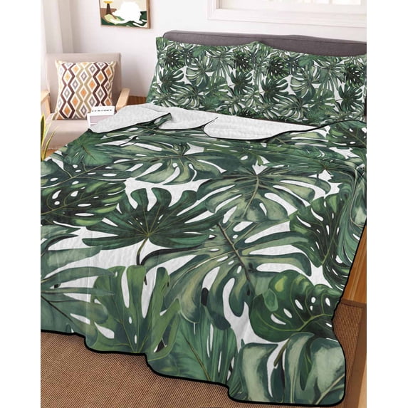 Green Palm Leaves Twin XL Size Down Alternative Comforter, Lightweight Comforter Quilt Bedding Set with Pillow Shams Summer Tropical Leaf Vintage All Seasons Bed Comforter Duvet Insert 68"x98"