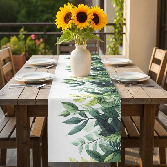Green Palm Leaves on White Table Runner 36 Inches Long,Kitchen Dining Tablerunners Summer Tropical Plant Linen Table Runners Dresser Scarves for Home Dinner Wedding Holiday Party Decor