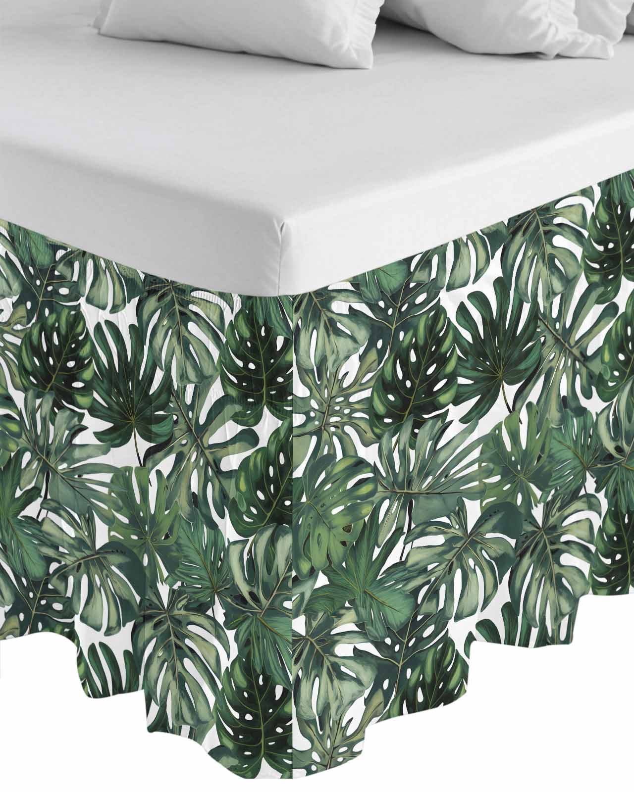 Green Palm Leaves Wrap Around Bed Skirts for King Bed 16" Drop, Bed Skirt with Adjustable Elastic Belt Dust Ruffle Bed Valance for Bedroom Hotel Luxury Summer Tropical Leaf Vintage Bed Frame Cover