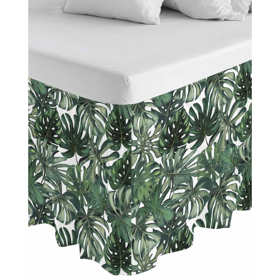 Green Palm Leaves Wrap Around Bed Skirts for King Bed 16" Drop, Bed Skirt with Adjustable Elastic Belt Dust Ruffle Bed Valance for Bedroom Hotel Luxury Summer Tropical Leaf Vintage Bed Frame Cover