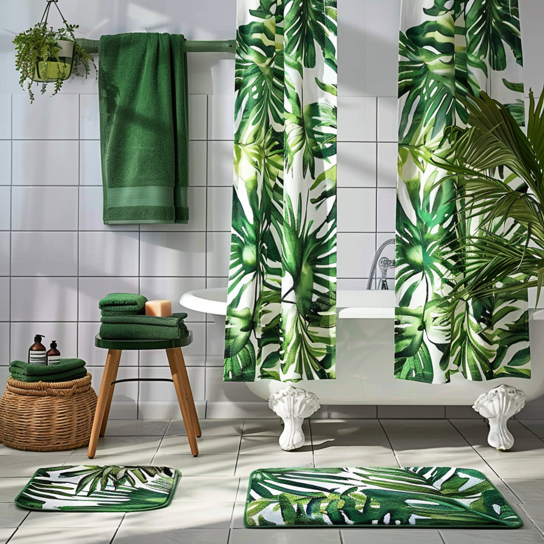 Green Palm Leaves and Monstera Patterned Shower Curtain Set Tropical