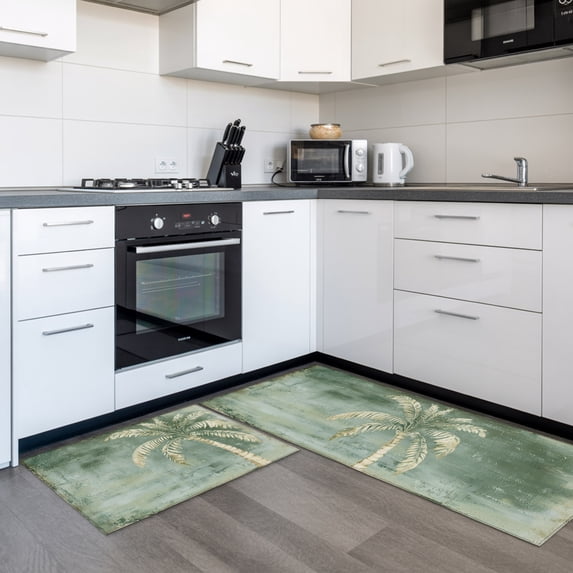 Green Palm Tree 2 Pieces Non-Slip Kitchen Mat Set, Summer Tropical Plant Botanical Abstract Soft Door Mat with Rubber Backing, Dirtproof Rugs for Entrance Doorway, 15.7x23.6in+15.7x47.2in