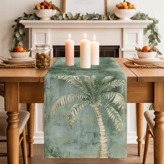 Green Palm Tree Dining Table Runner, Summer Tropical Plant Botanical Abstract Washable Table Runners Kitchen Coffee Table Center Decor for Home Party Holiday Wedding 13 x 36 Inches