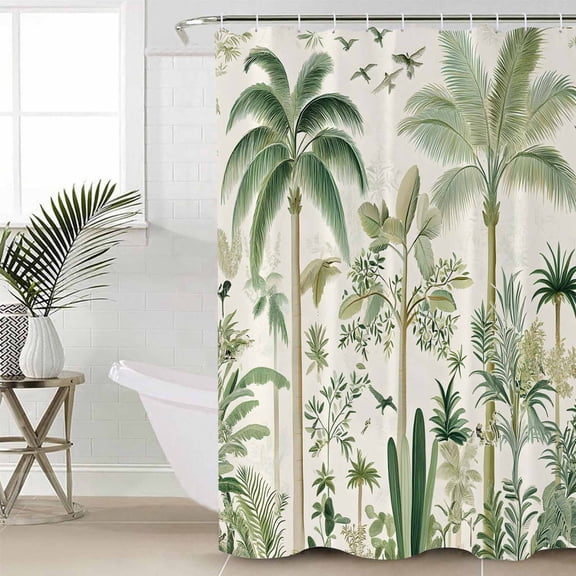 Green Palm Tree Extra Long Shower Curtain Set, Waterproof Shower Curtains for Bathroom, Summer Beach Cactus Washable Fabric Cloth Bath Curtain for Bathtub Decoration with Hooks 72x96 Inches