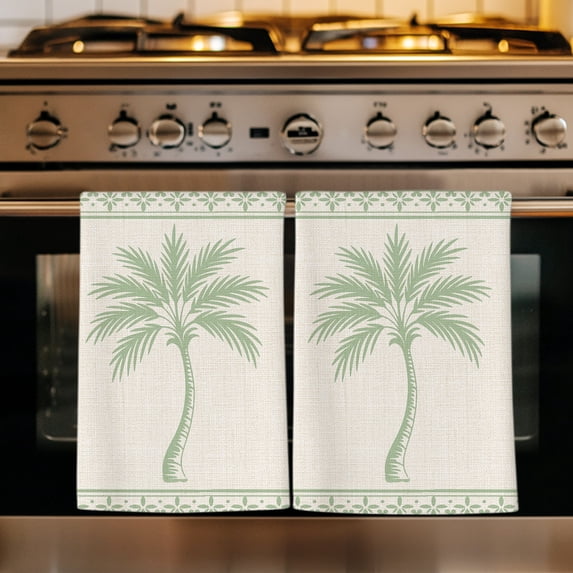 Green Palm Tree Kitchen Towels Set of 4, Summer Tropical Plants Leaves Retro Beige Absorbent Dish Towels for Kitchen, Microfiber Hand Towel, Quick Drying Tea Towel for Cleaning Decorative Dishcloths