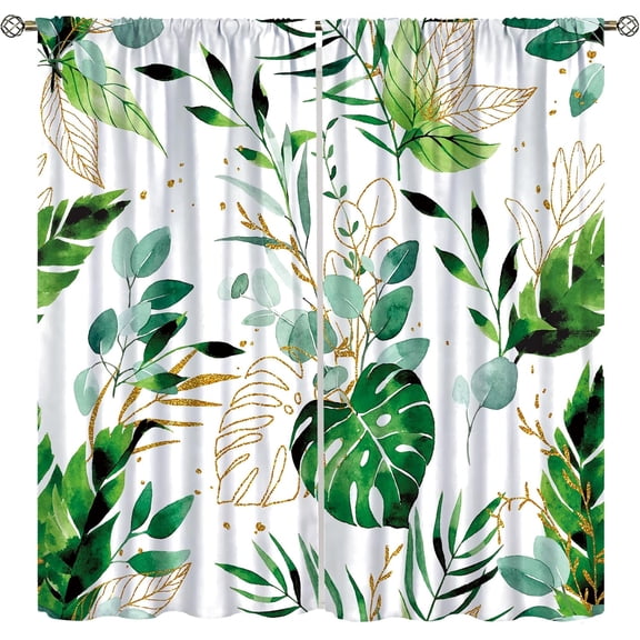 Green Palm Tree Leaves Curtains,Summer Green Gold Plant Botanical Rod Pocket Window Treatment Drapes,Boho Botanical Leaf Curtains 42x84in