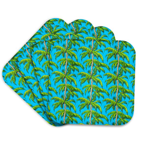 3drose, Green Palm Tree Pattern Against a Blue Background, Set of 4 Coasters - Soft