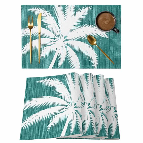 Green Palm Tree Placemats Set of 2, Summer Country Vintage Tropical Coastal Tree Leaf Non-Slip Place Mats Washable Table Mats for Kitchen Dining Table Decorations Indoor/Outdoor