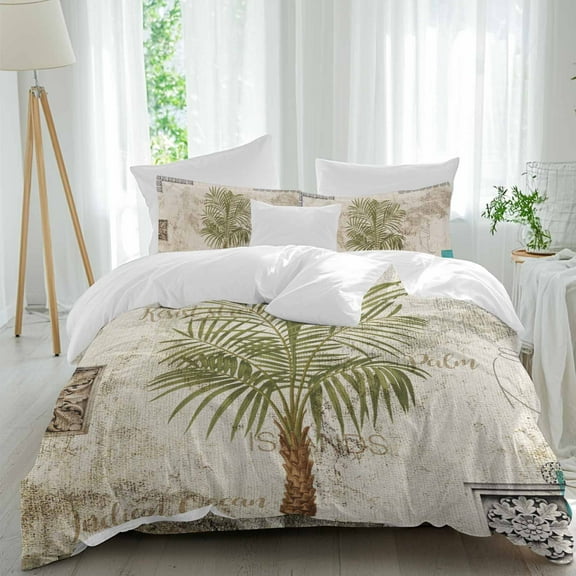 Green Palm Tree Queen Size Comforter Set, Rustic Summer Palm Tropical Botanical Vintage Floral Bedding for All Seasons, 4 Pcs Bed Set, 1Quiltcover (90"x92") ,1Sheet(94"x116"), 2Pillowcases (30"x20")