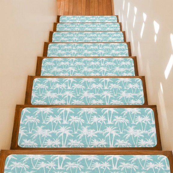 Green Palm Tree Stair Treads Non Slip for Steps Summer Tropical Country Minimalist Silver Tree Leaf 10 Pcs Reusable Adhesive Stair Runner Mats for Dogs Elders Carpet Treads Rugs for Staircase 8x30 In