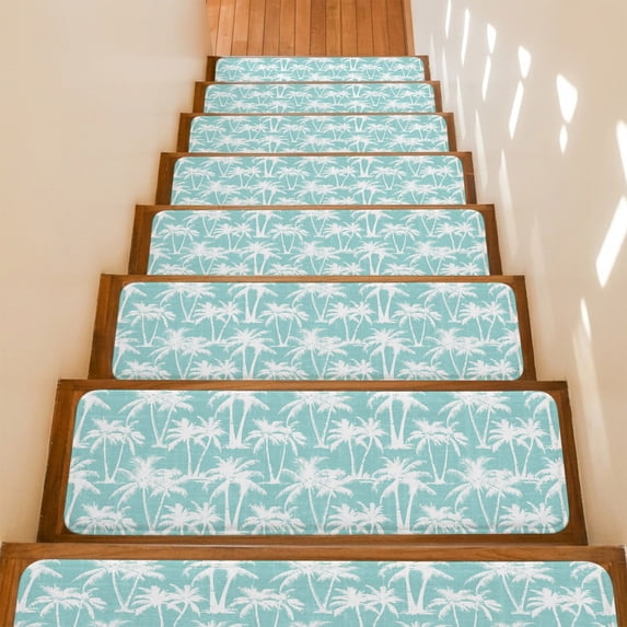 Green Palm Tree Stair Treads Non Slip for Steps Summer Tropical Country Minimalist Silver Tree Leaf 4 Pcs Reusable Adhesive Stair Runner Mats for Dogs Elders Carpet Treads Rugs for Staircase 8x30 In