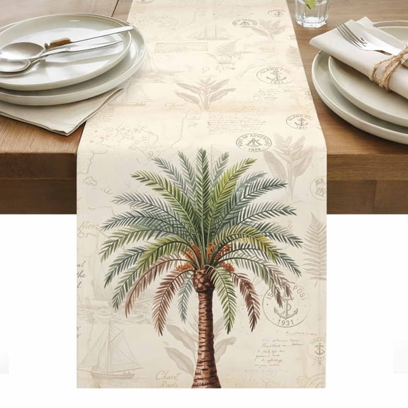 Green Palm Tree Table Runner Summer Coastal Botanical Tree Tropical Tablerunners 13 x 48 Inch, Table Decorations Tabletop Scarf for Summer Gathering Holiday Farmhouse Kitchen Dining Decor