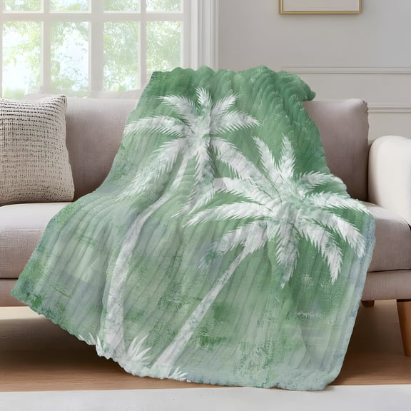 Green Palm Tree Throw Blanket for Couch Summer Tropical Beach Country Rustic Island Tree Leaf Soft and Warm Flannel 3D Striped Fluffy Fleece Blanket Lightweight Throw for Bed, Sofa 30 x 40 Inches