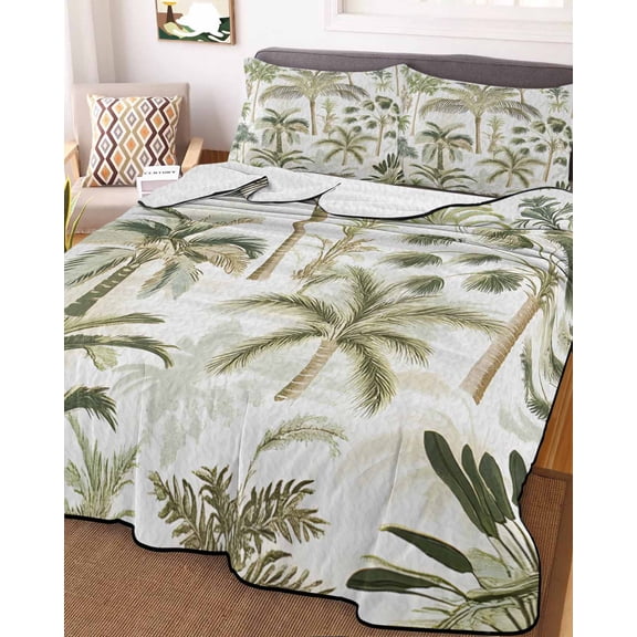 Green Palm Tree Tropical King Size Down Alternative Comforter, Lightweight Comforter Quilt Bedding Set with Pillow Shams Beach Summer Botanical All Seasons Bed Comforter Duvet Insert 96"x106"