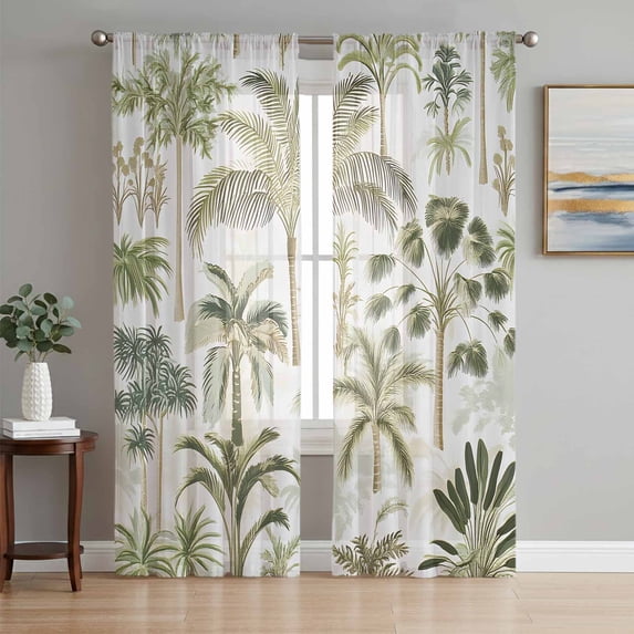 Green Palm Tree Tropical Sheer Curtains 84 Inch Length 2 Panels Set, Beach Summer Botanical Voile Window Treatment Rod Pocket Curtains Sheers Drapes for Bedroom/Living Room/Kitchen 52"x84"x2