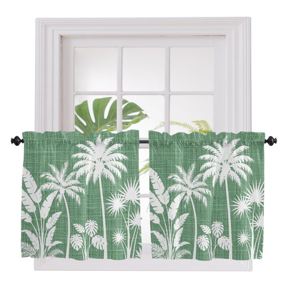 Green Palm Trees 2 Panel Kitchen Curtains for Small Windows, Tropical Vintage Summer Botanical Bathroom Tier Curtain, Short Window Treatment for Bedroom/Living Room 55"x24"