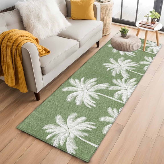 Green Palm Trees 2'x6' Runner Rug for Hallway Walkway Kitchen Galley, Summer Beach Tropical Farmhouse Low Pile Washable Non Slip Long Area Rug